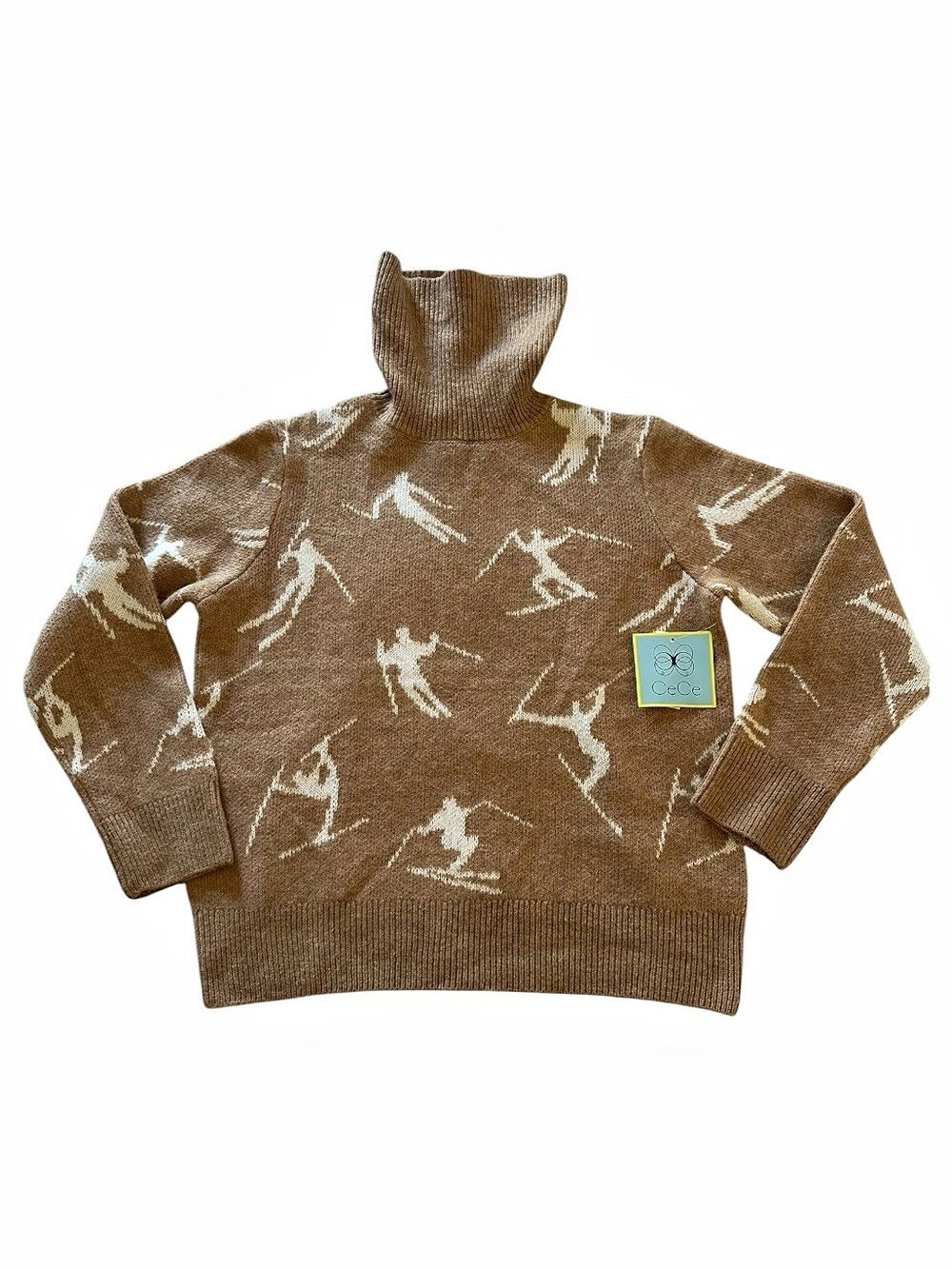 CeCe Ski Print Turtleneck Sweater M Camel Cream NWT